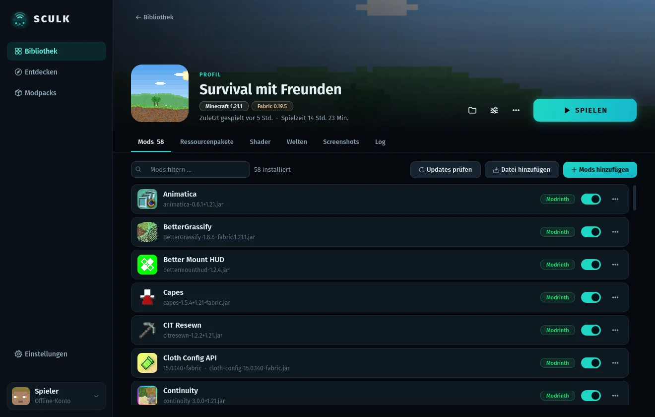 Profile page with installed mods